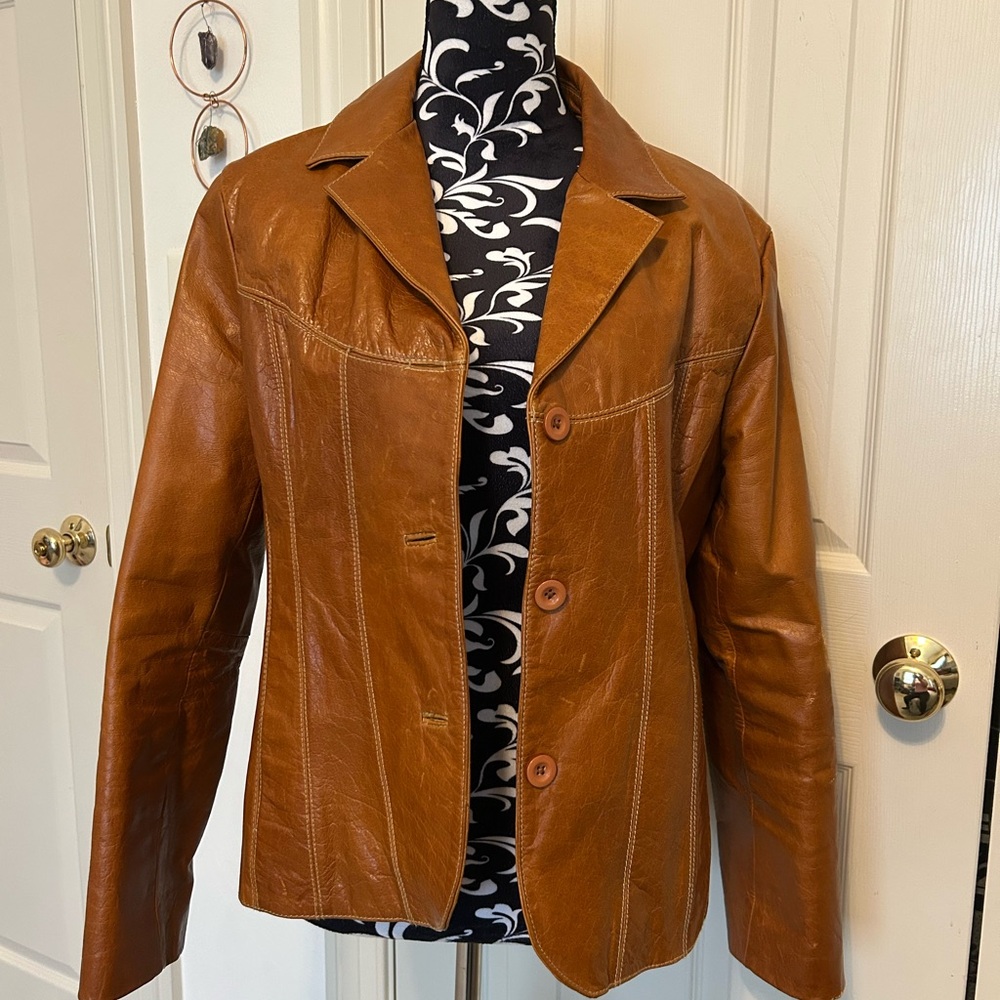 Classic Women's Leather Blazer Jacket - Tan